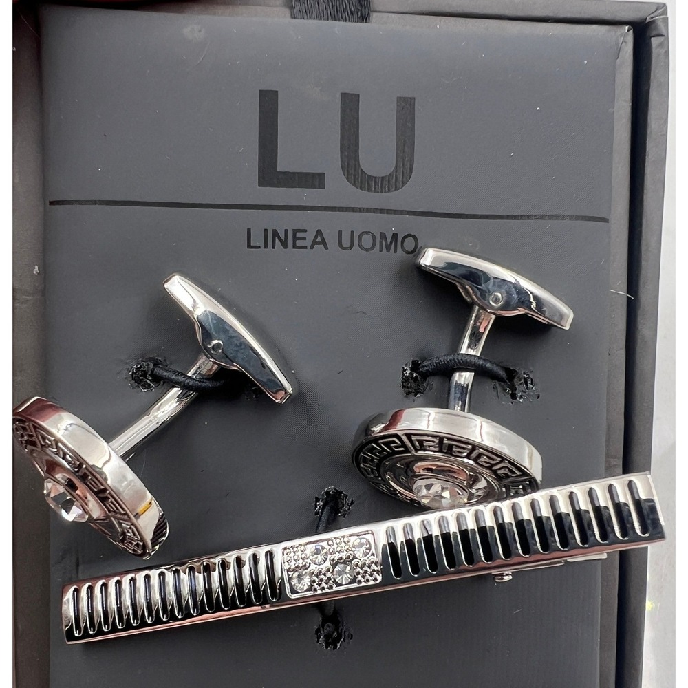 Linea Uomo Cufflinks & Tie Bar Set Men's Silver Black Greek Key Crystal NIB